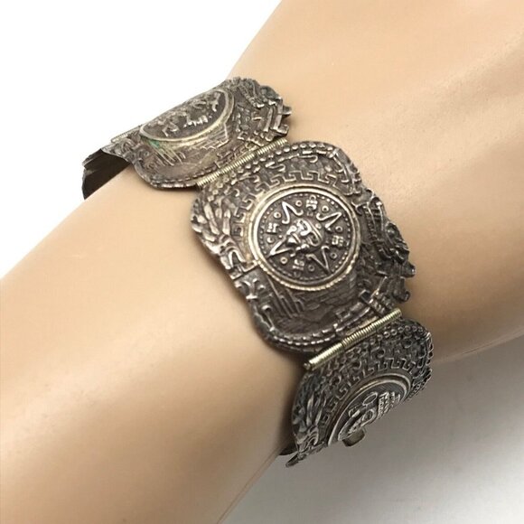 Vintage EME MEXICO 925 Sterling Silver Mayan Face Panel Link Bracelet 7" - Picture 11 of 12